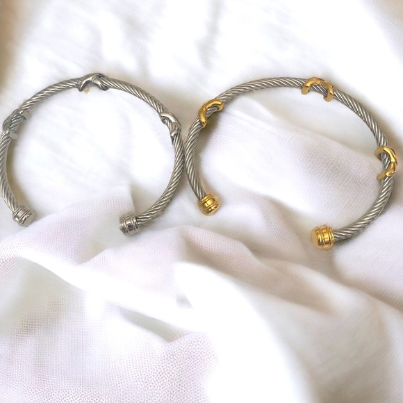 GOLD & SILVER PLATED TITANIUM STEEL ROPE CUFF BRACELETS WITH “X” DETAILS - Picture 3 of 12